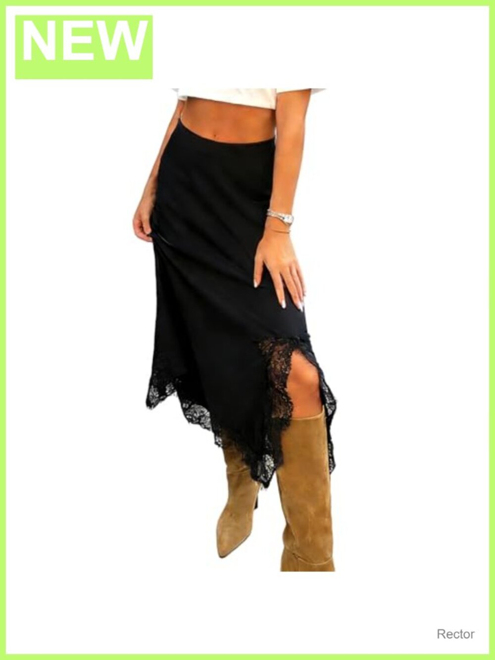 Women's Satin Midi Skirt High Waisted Side Split Asymmetric Lace Bodycon